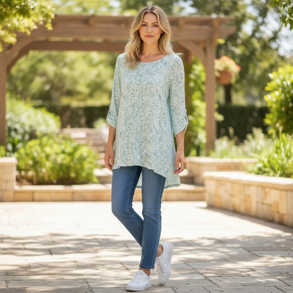 ExOfficio Womens XL Dri-Release Mint Green Floral 3/4 Roll Tab Sleeve Tunic Top